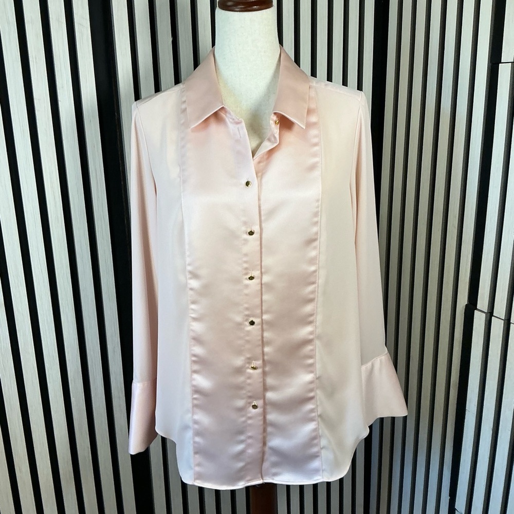 Elegant Satin-Trim Blouse in Light Pink Sz M